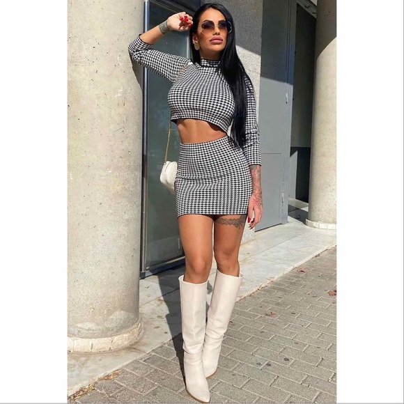 💥 NEW | Houndstooth Long Sleeve with Mini Skirt Matching Set - Picture 5 of 16